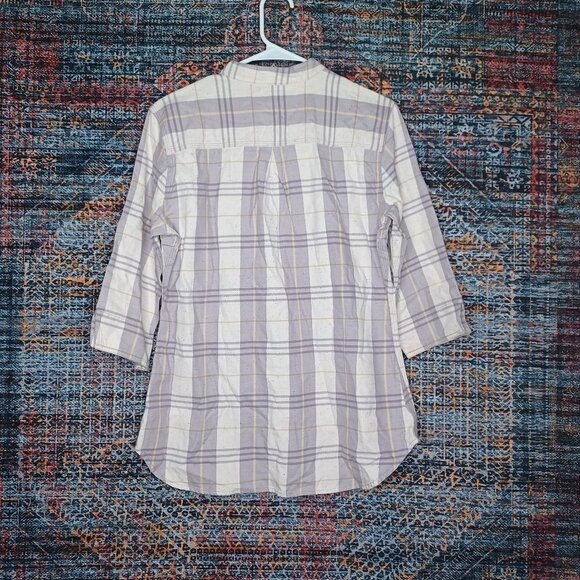 Carhartt women khaki white midweight speckled plaid 3/4 sleeve button top XS NWT - Picture 2 of 4